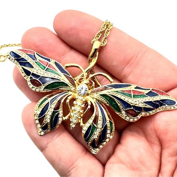 Camrose Kross Necklace Jackie Kennedy JBK Gold Enamel Butterfly Pin Pendant - Picture 3 of 6